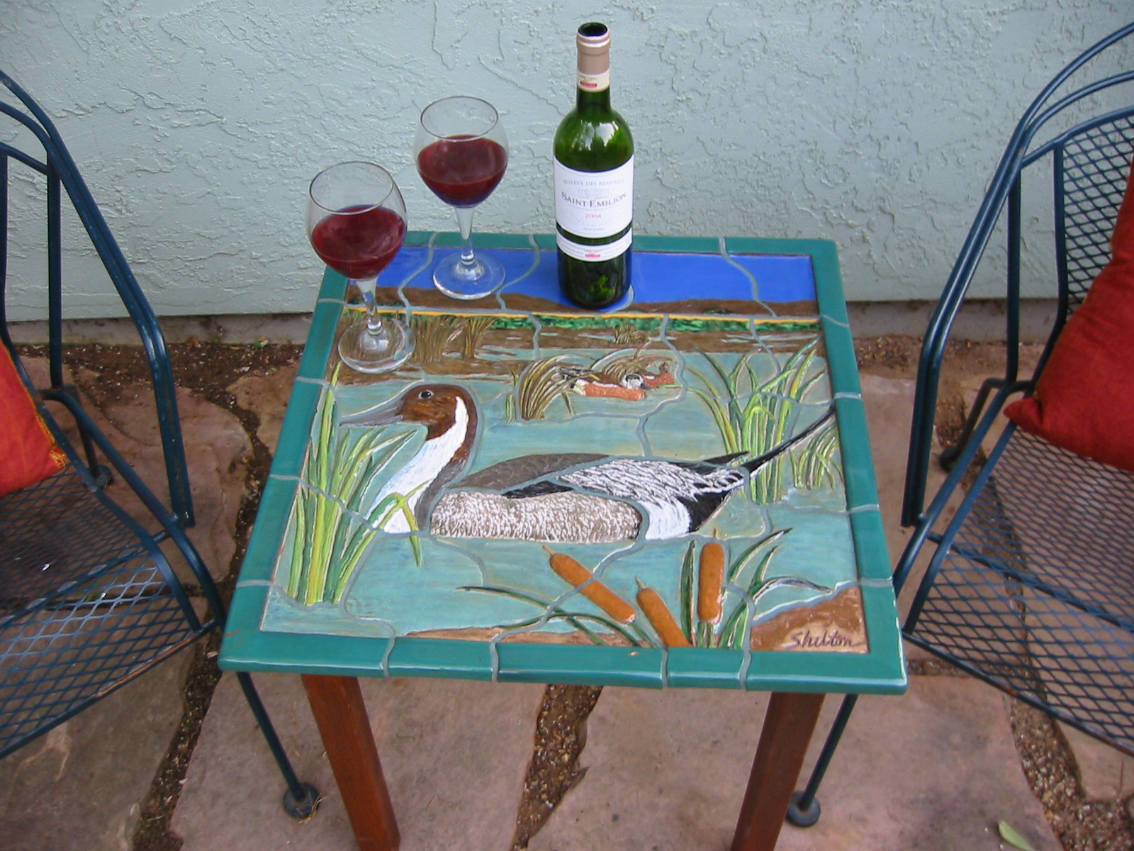 Carved Ceramic Table with Pintail Duck Design